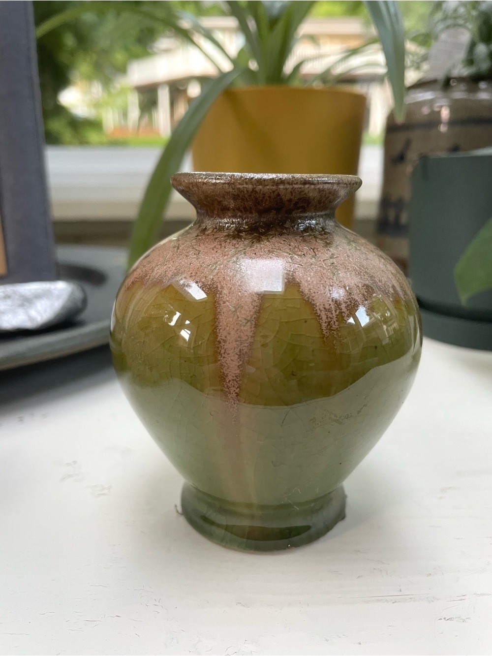 Small Glazed Ceramic Bud Vase in Olive Green with Brown Drip